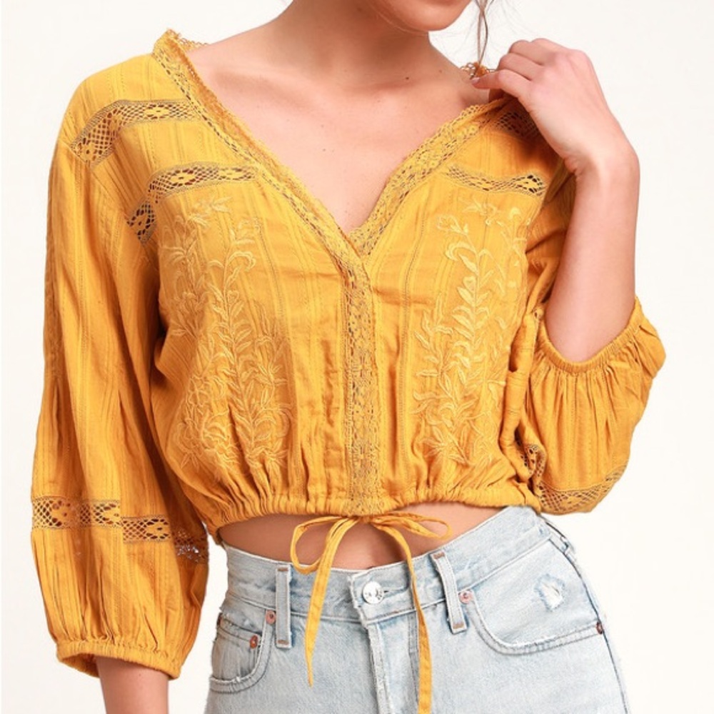 Free People Follow Your Heart yellow mustard gold embroidered button front top